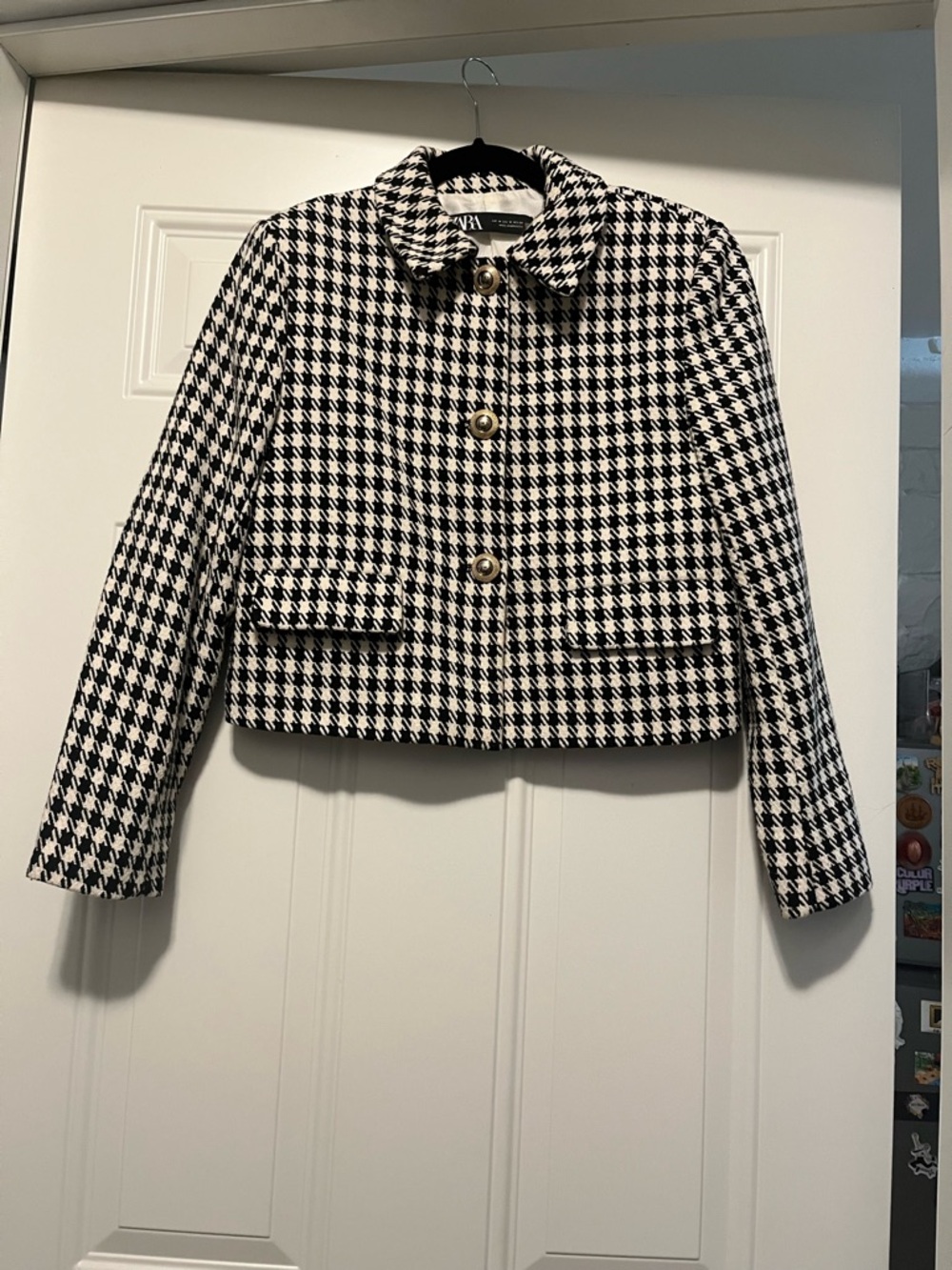 Zara Black and White Houndstooth Cropped Blazer